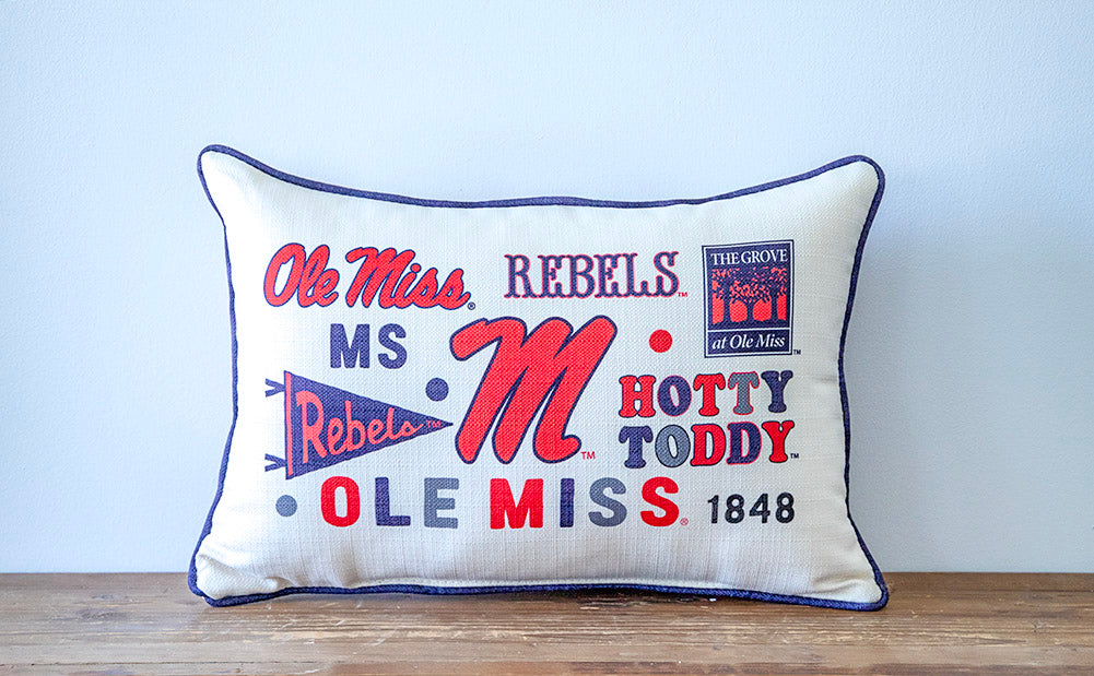 Little Birdie Ole Miss Double Sided Collegiate Cluster Pillow with Navy Piping
