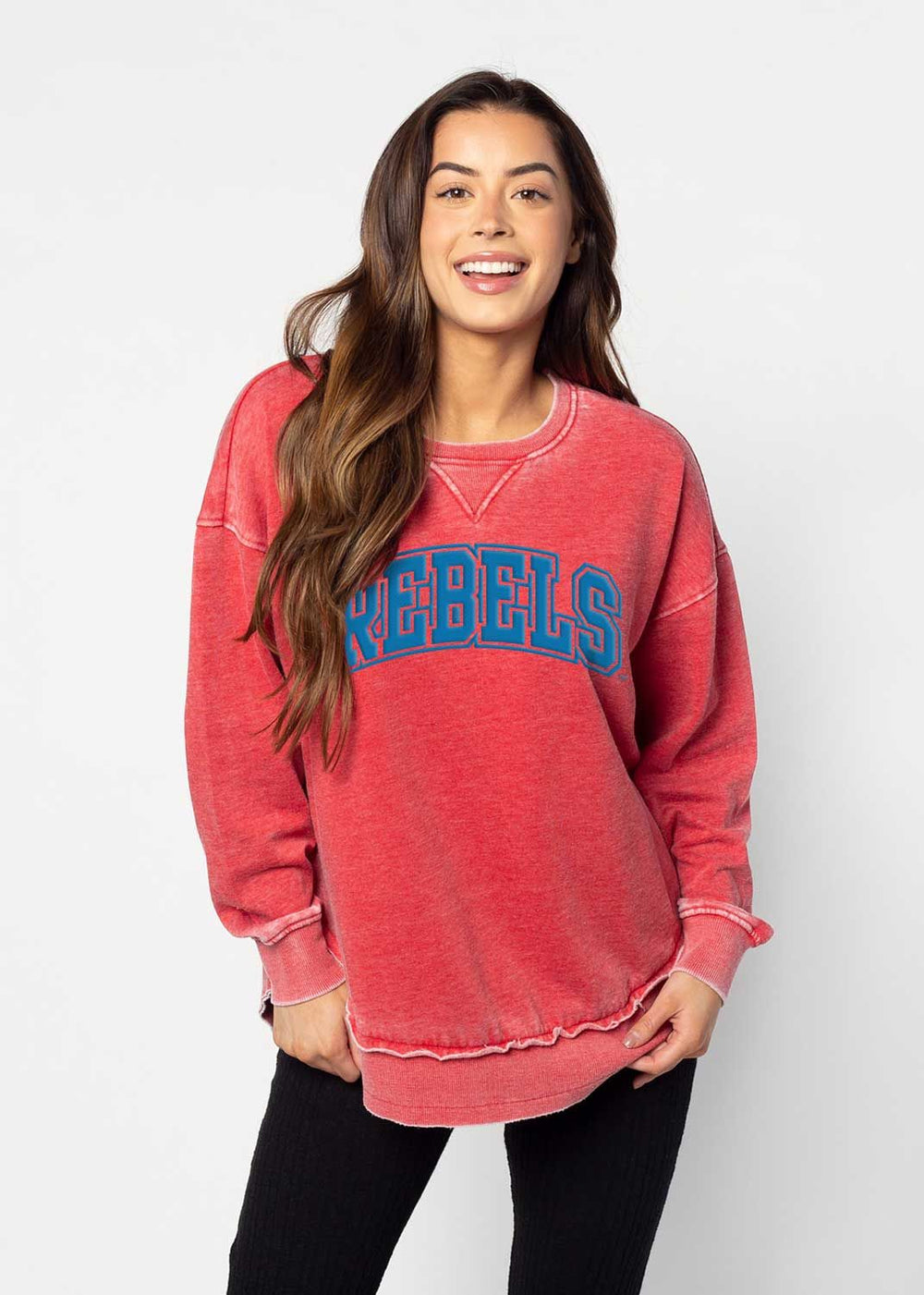 Chicka-d Red Hi-Low Sweatshirt with Rebels in Powder Blue