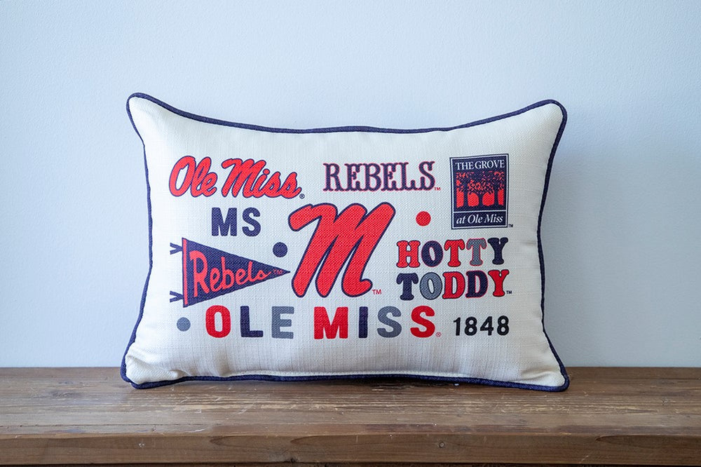 Little Birdie Ole Miss Collegiate Cluster Pattern with navy piping Pillow