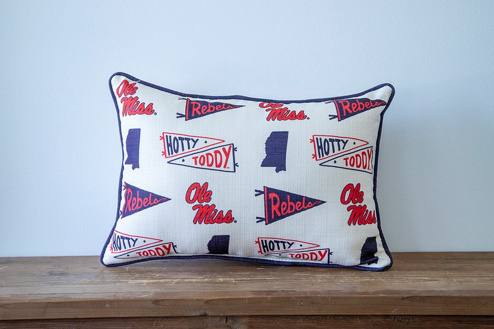 Little Birdie Ole Miss Pennant Pattern with red piping Pillow