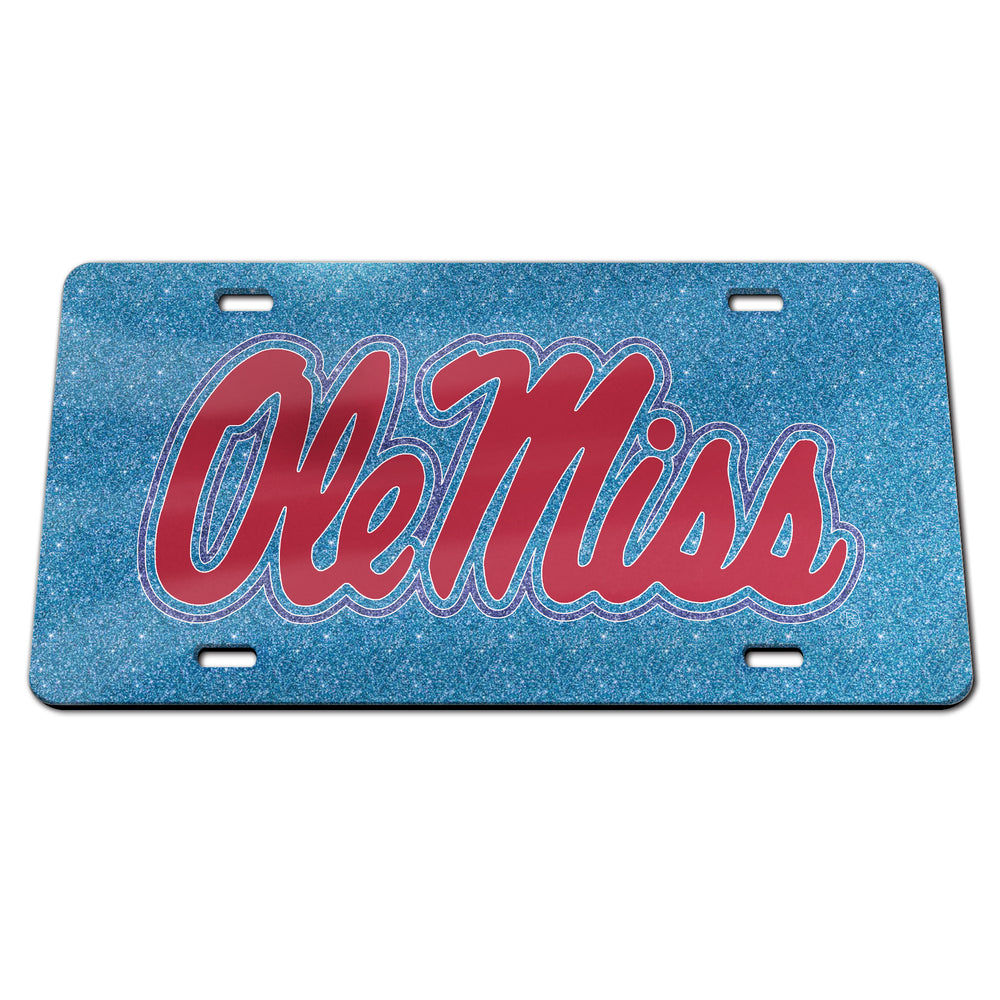Ole Miss Red Script Glitter License Plate - Powder Blue