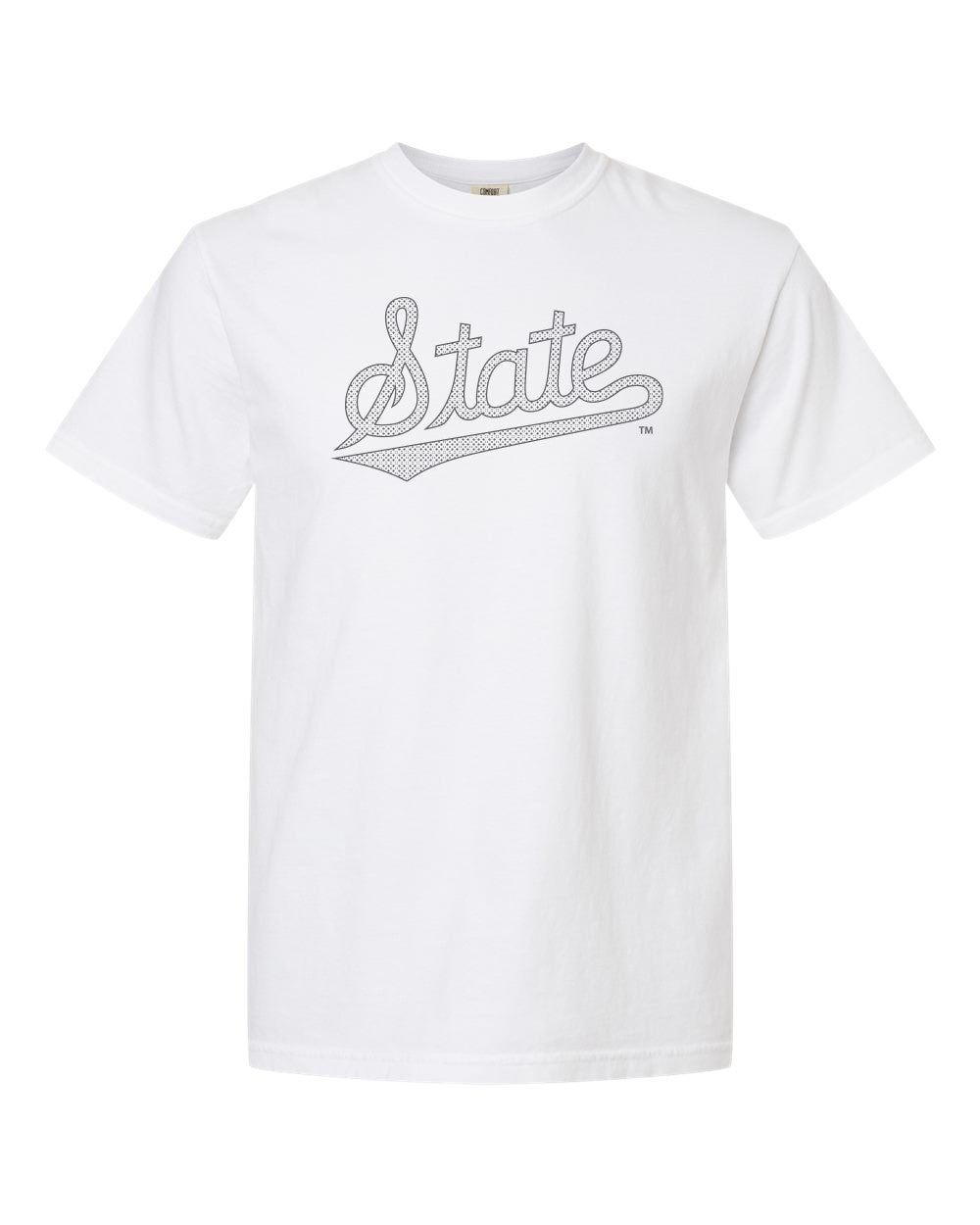 Comfort Color White Tee with Polka Dot State Script – The College Corner