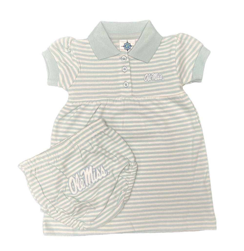 Creative Knitwear Ole Miss Kids' Striped Game Day Dress with Bloomers - Powder Blue