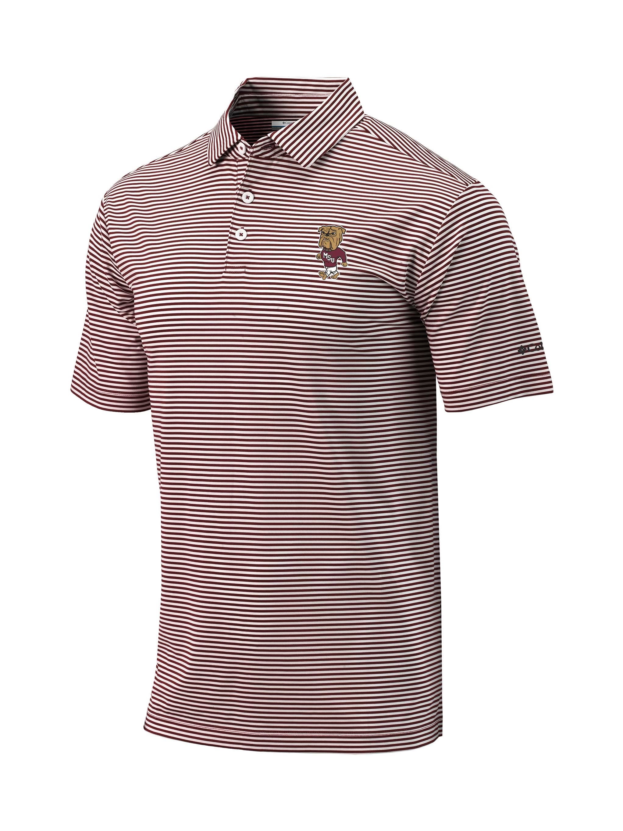 Columbia Omni Wick Invite Men's Maroon and White Stripe Dress Shirt with Walking Bully Logo