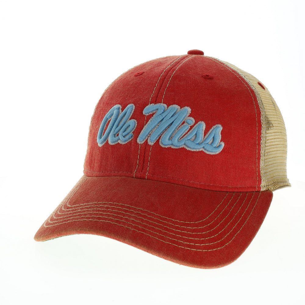 Legacy Old Favorite Trucker Hat with Red and Powder Blue Ole Miss Script.