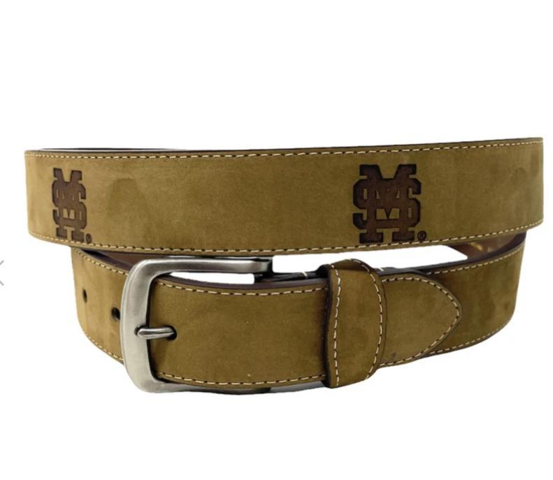 Mississippi State Light Brown Stitch Leather Embossed Belt