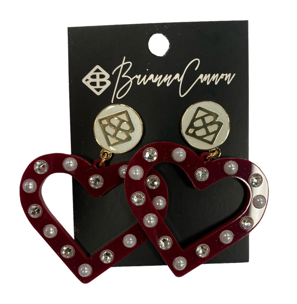 Brianna Cannon Maroon Large Heart Earrings with Crystal and Pearls - Mississippi State University Edition