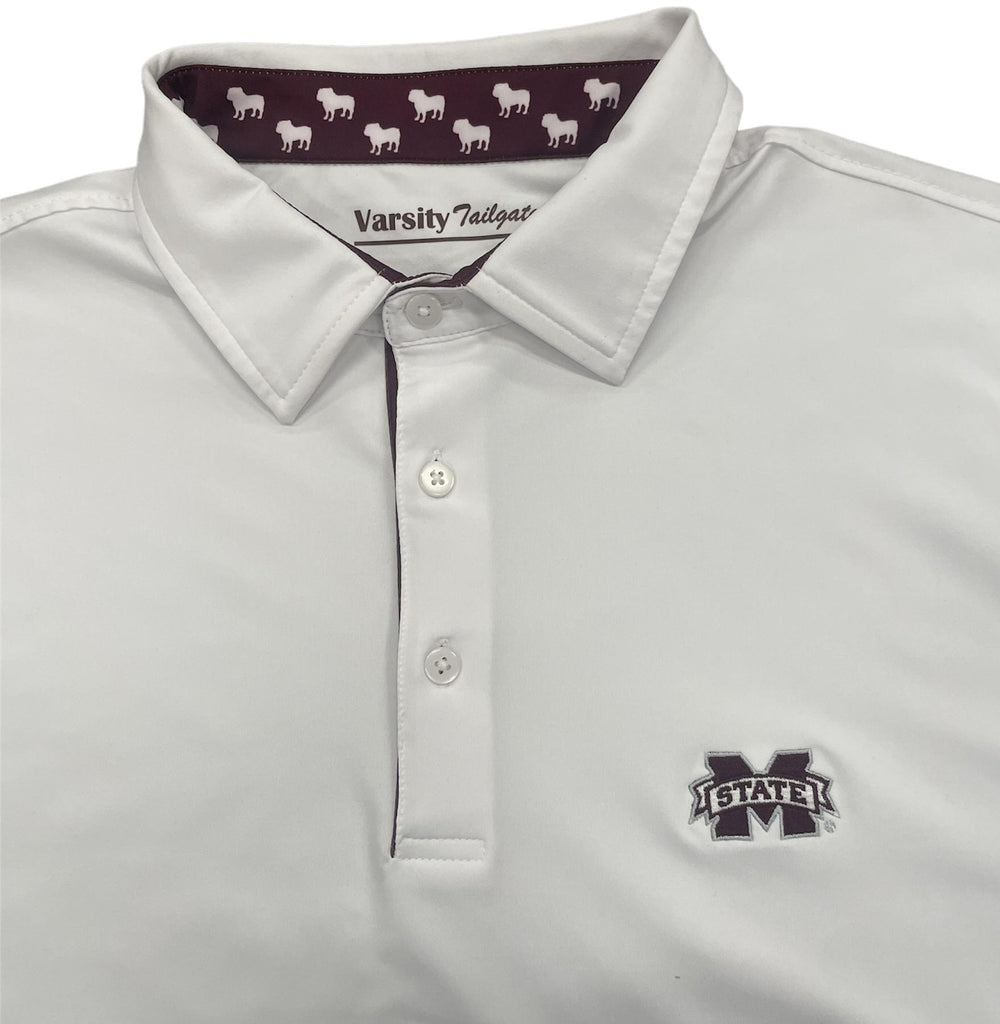 White Varsity Tailgate Men's Short Sleeve Polo with Bulldogs in Collar