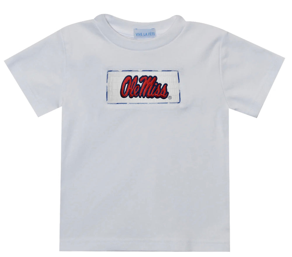 Viva La Fete Ole Miss Smocked White Knit Short Sleeve Tee