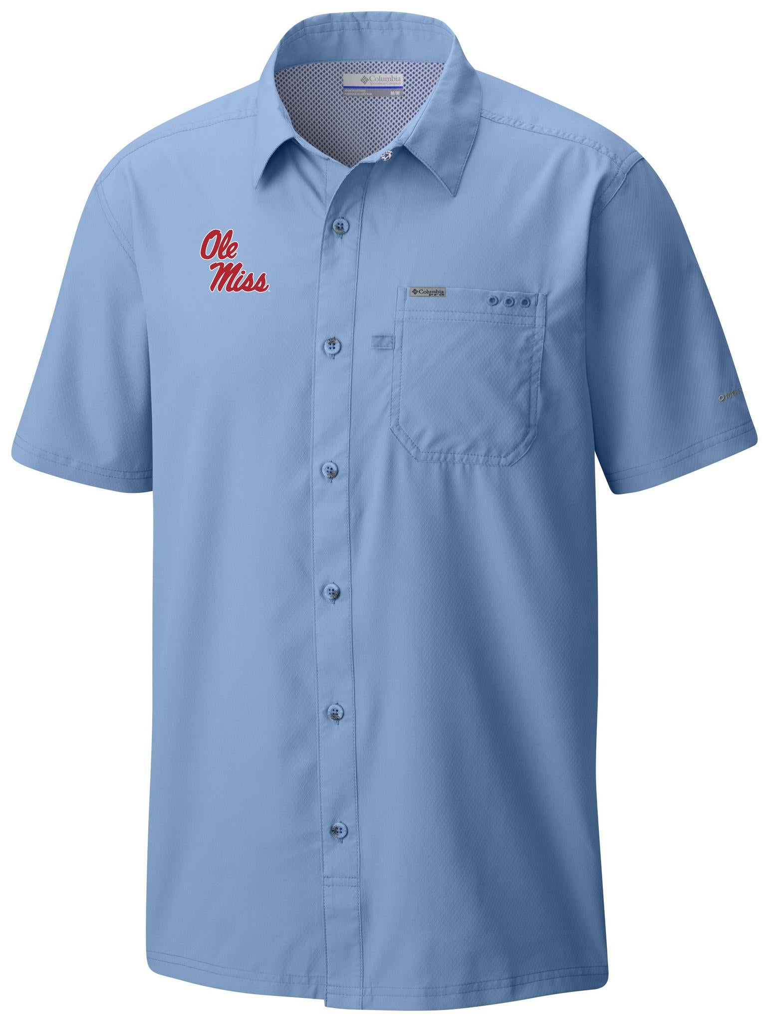 Columbia Ole Miss Men's PFG Slack Tide Camp Shirt in Baby Blue